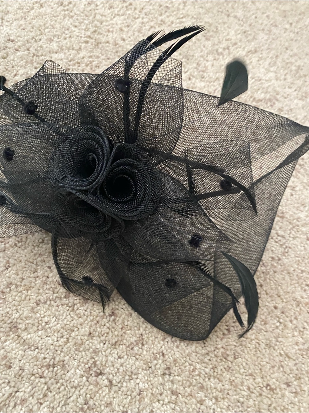 Tasha Black Floral Mesh Fascinator with Feather Accents